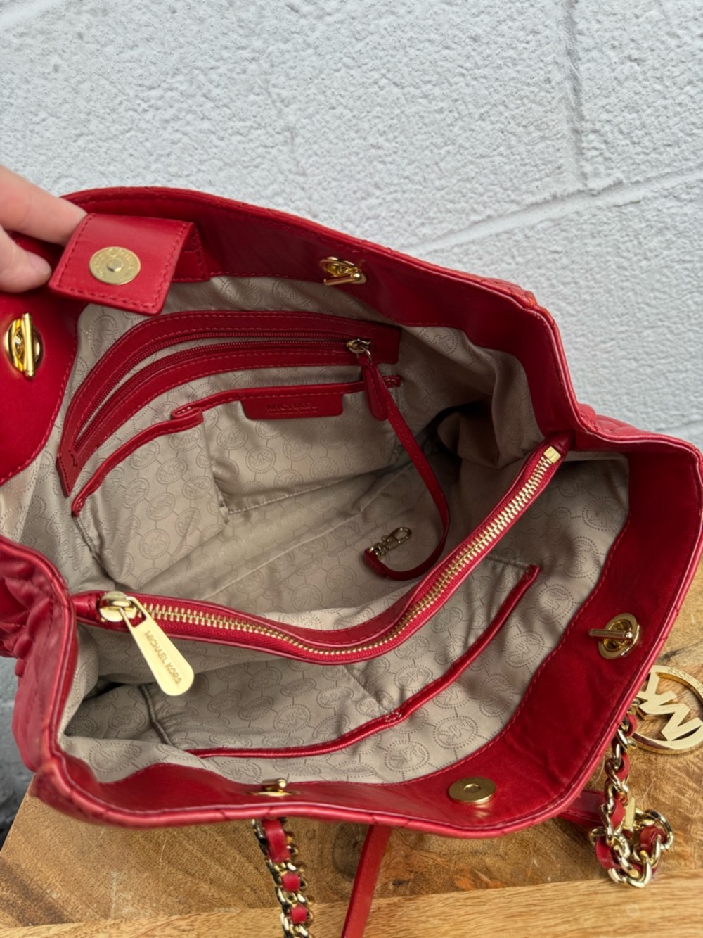 Michael Kors Red Leather Quilted Chain Shoulder Tote Bag Gold Hardware - Picture 10 of 16
